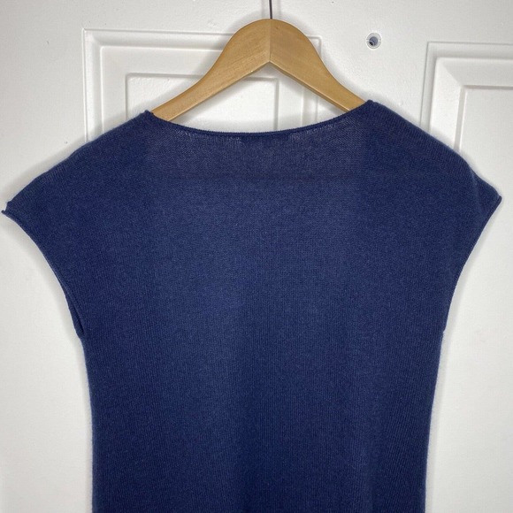 100% Cashmere Sleeveless Open Cardigan Sweater Large Navy Blue Minnie Rose - Picture 8 of 11